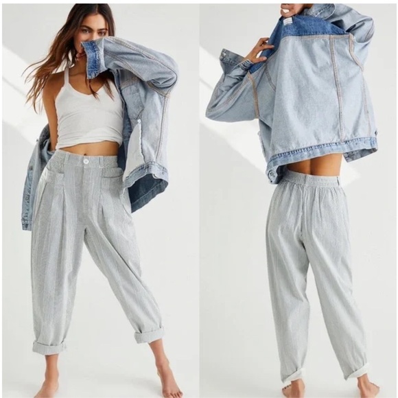 Free People Make A Stand Trouser in Blue & White Stripes and Crinkle Fabric - Picture 2 of 3